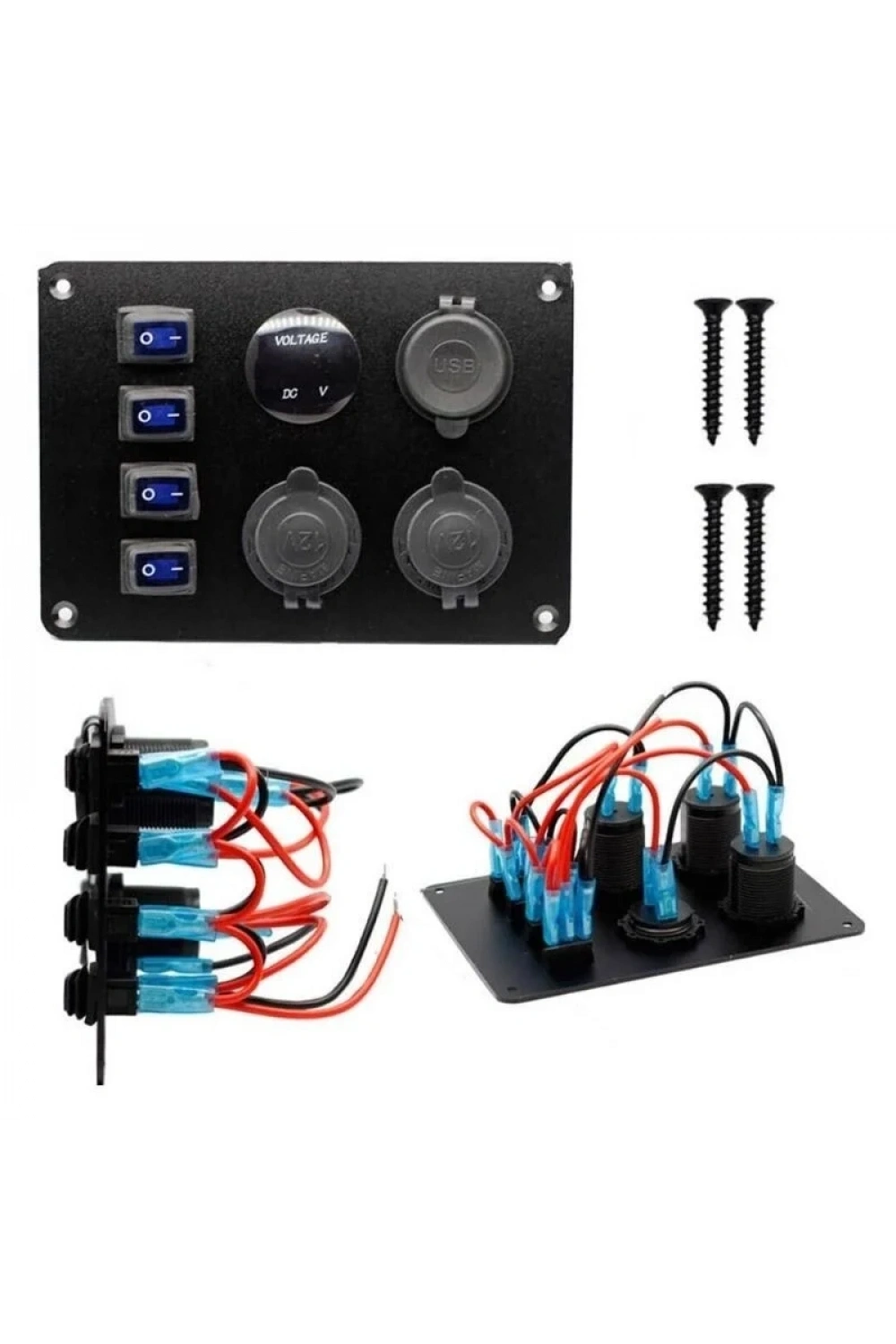 4lü ON-OFF Mavi Su Geçirmez Işıklı Switch Panel 2x5V USB 2xDişi Çakmaklık ve Voltaj Göstergeli