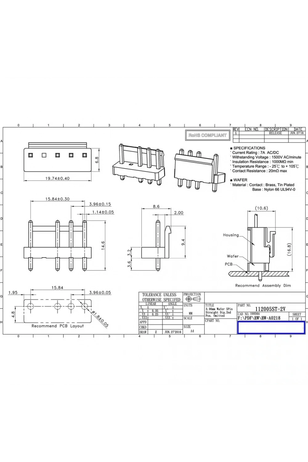 4 Pin 5 Pozisyon JST VH 3.96mm Düz Konnektör Erkek