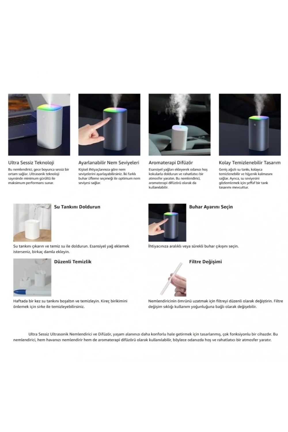 400ml Ultrasonik Hava Nemlendirici Buhar Yapıcı Difüzör Humidifier Beyaz