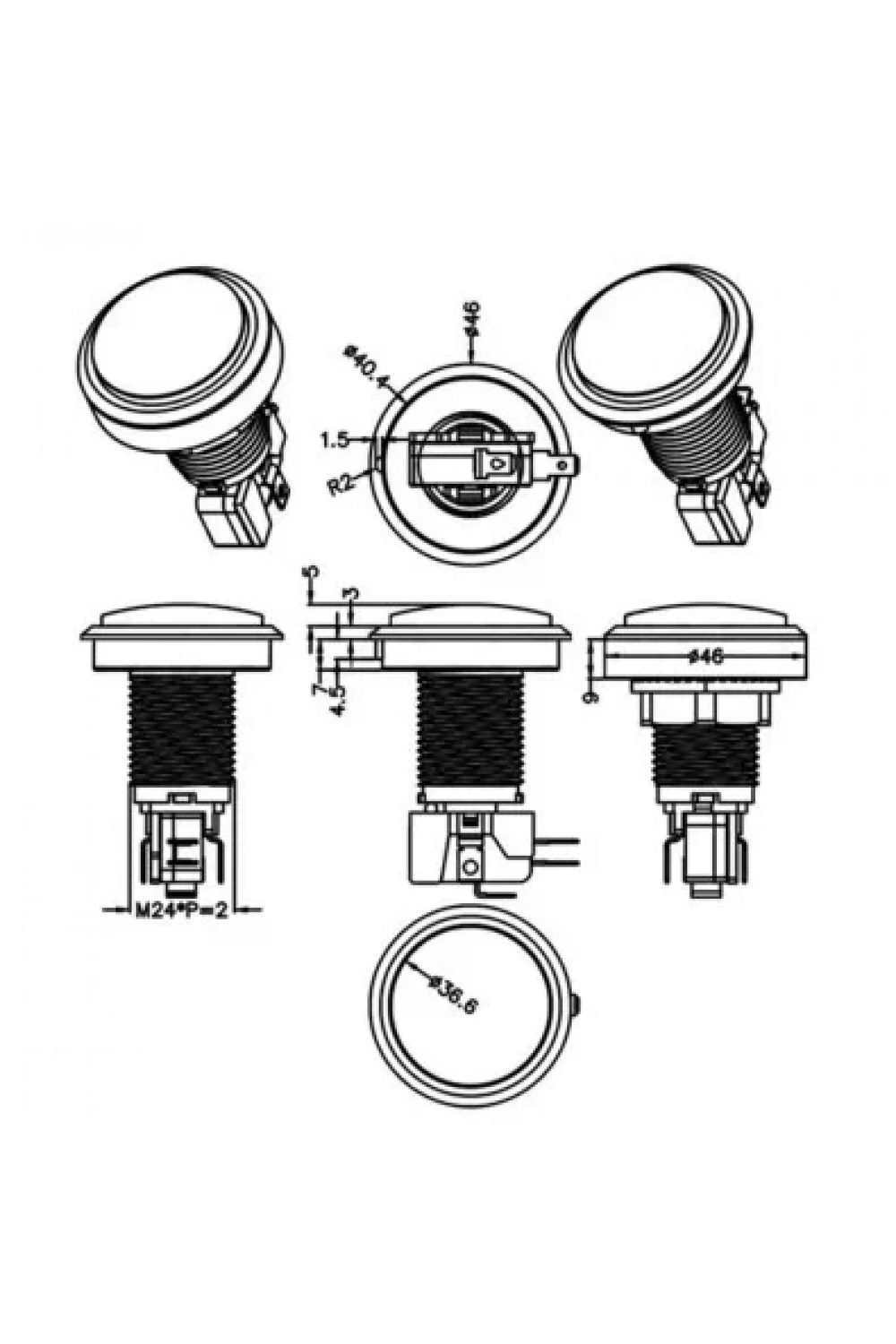 46mm 12V Düz Işıklı Oyun Makinesi Butonu - Beyaz