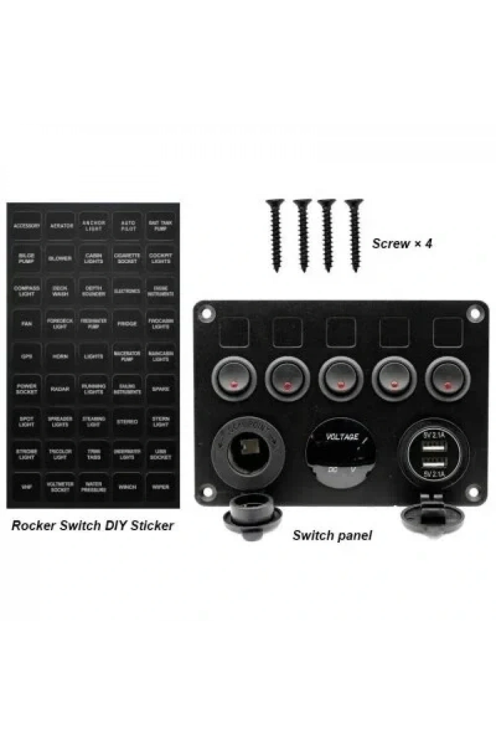 5li ON-OFF Kırmızı Nokta Işıklı Anahtar Switch Panel 2x5V USB Çakmaklık ve Voltaj Göstergeli