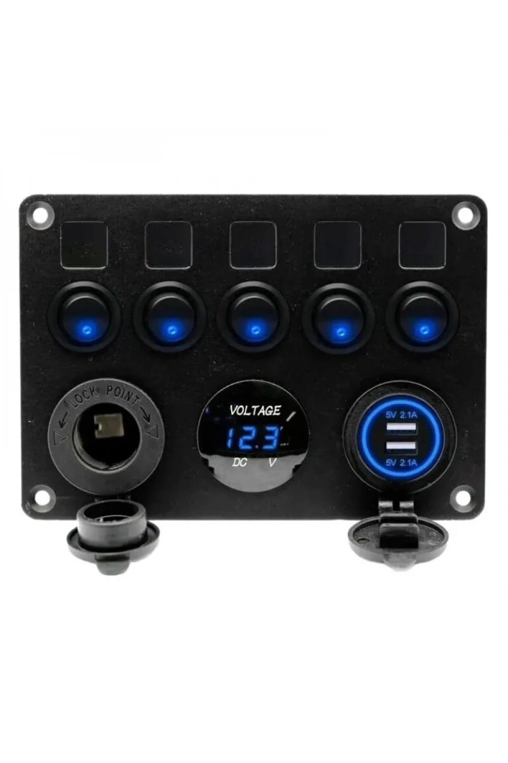 5li ON-OFF Mavi Nokta Işıklı Anahtar Switch Panel 2x5V USB Çakmaklık ve Voltaj Göstergeli