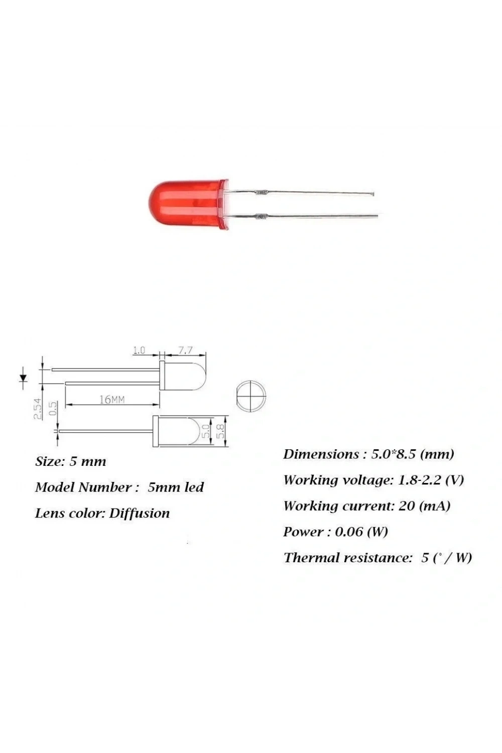 5mm Led Kırmızı Diyot Diffused 1 Adet