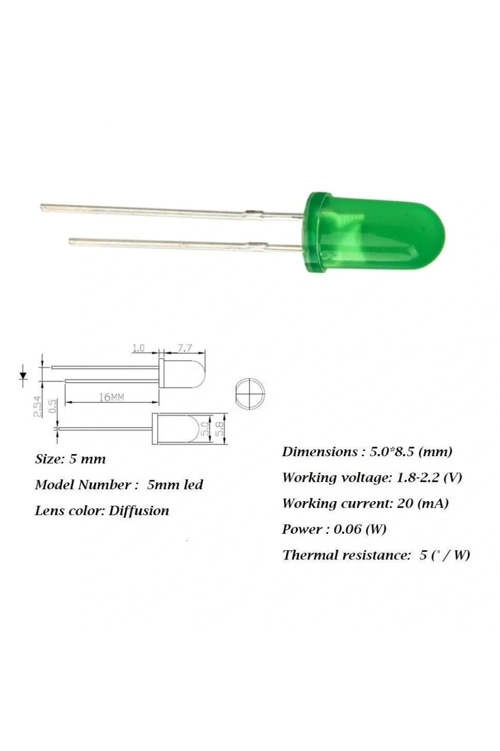5mm Led Yeşil Diyot Diffused 1 Adet