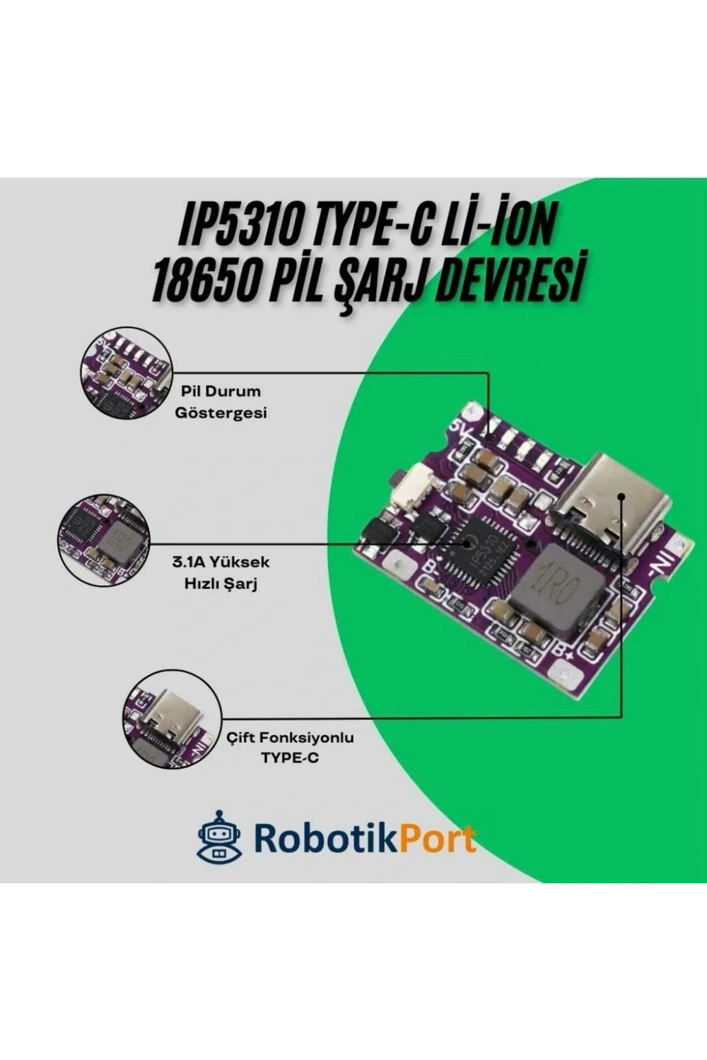 5V 3.1A Type-C 18650 LiPo Li-ion Pil Şarj Devresi