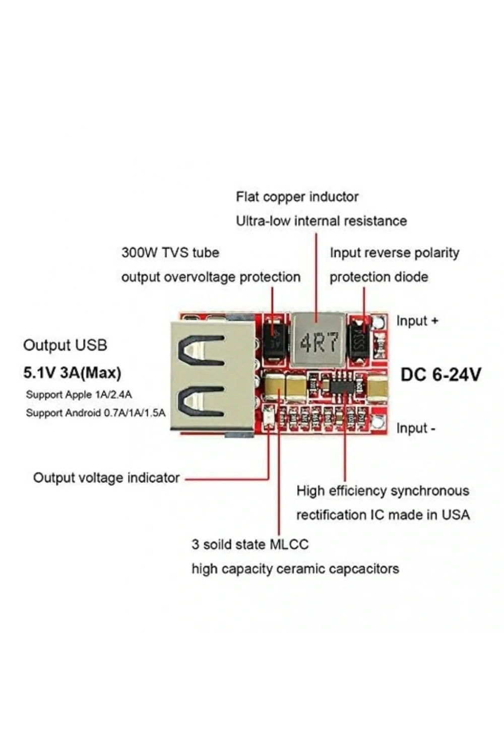 6-24V Giriş - 5V 3A Çıkış DC-DC USB Gerilim Azaltıcı Modül %97.5 Verimlilik