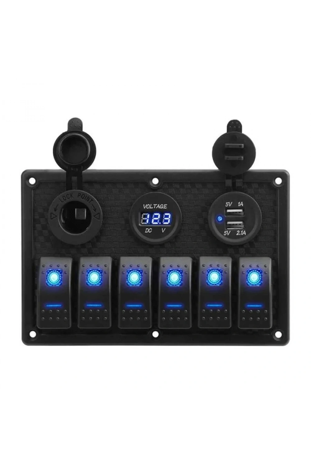 6lı ON-OFF Işıklı Anahtar Switch Panel 2x5V USB Çakmaklık ve Voltaj Göstergeli