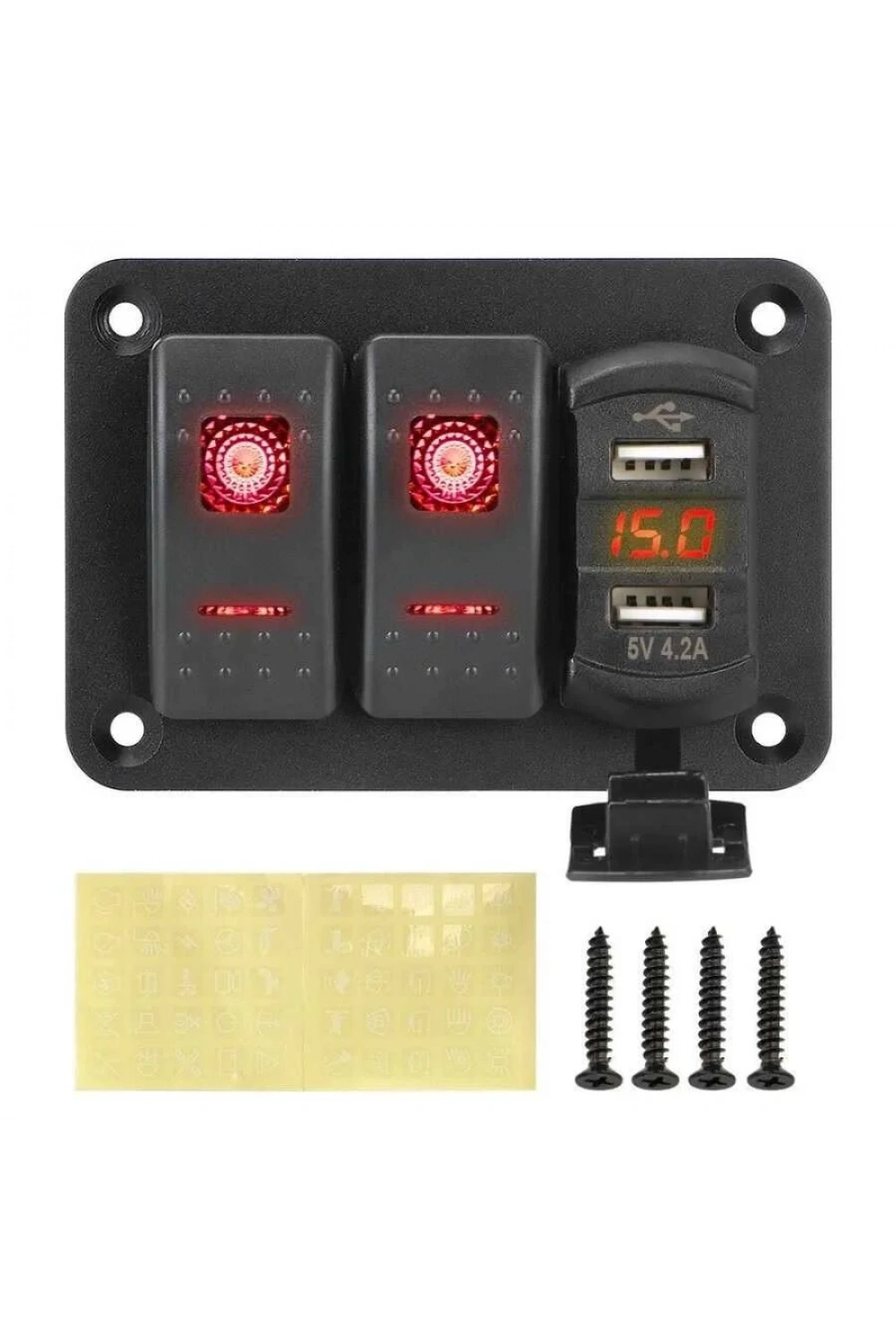 6lı ON-OFF Işıklı Anahtar Switch Panel 2x5V USB ve Voltaj Göstergeli