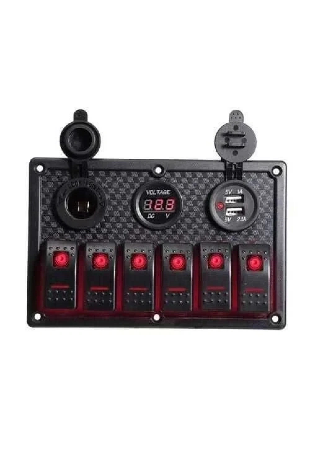 6lı ON-OFF Kırmızı Işıklı Anahtar Switch Panel 2x5V USB Çakmaklık ve Voltaj Göstergeli