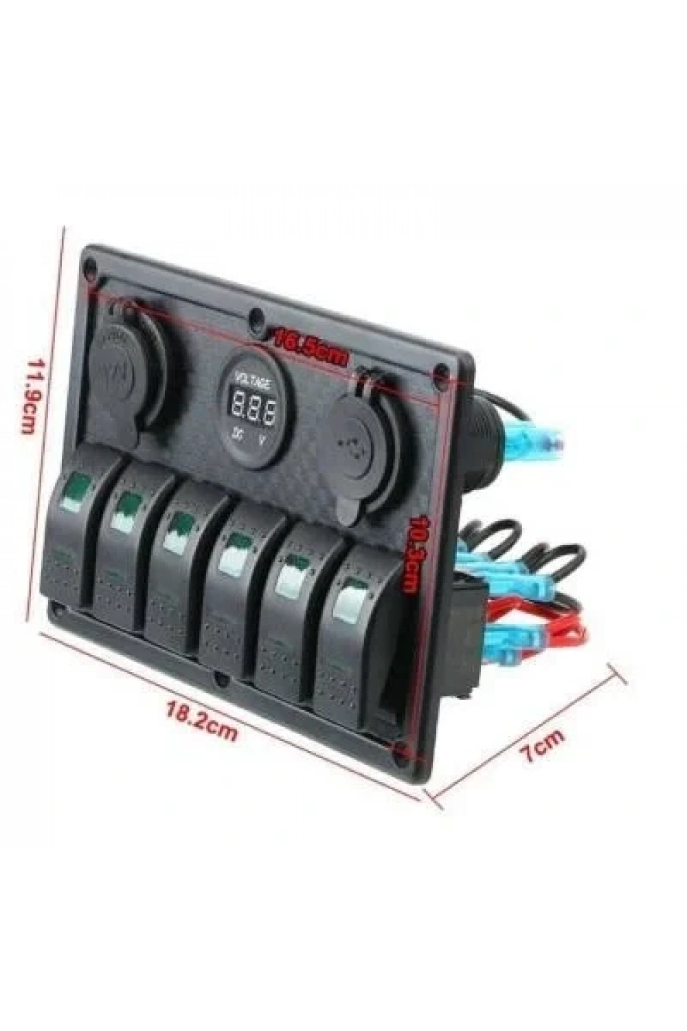 6lı ON-OFF Kırmızı Işıklı Anahtar Switch Panel 2x5V USB Çakmaklık ve Voltaj Göstergeli