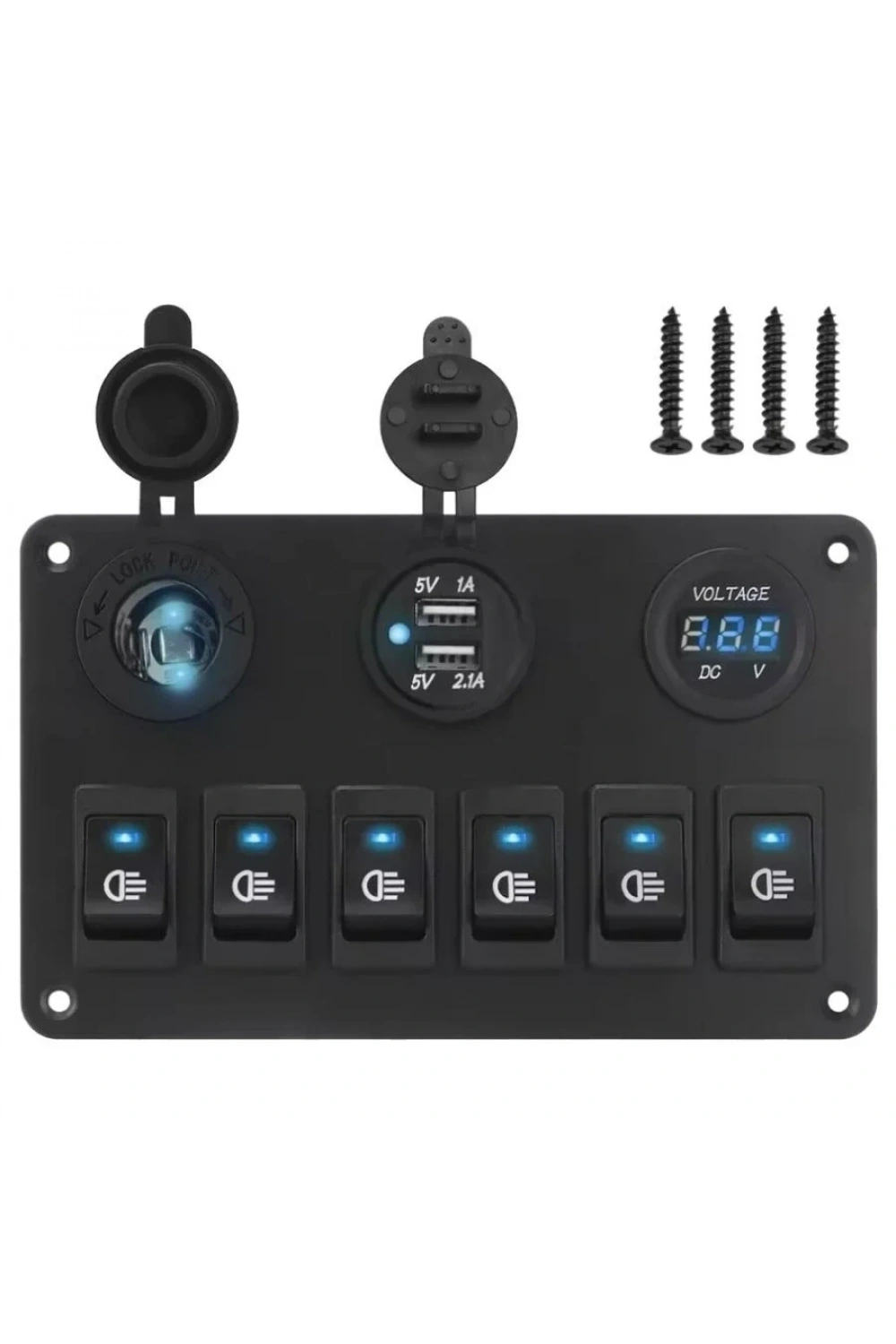 6lı ON-OFF Mavi Işıklı Anahtar Switch Panel 2x5V USB Çakmaklık ve Voltaj Göstergeli
