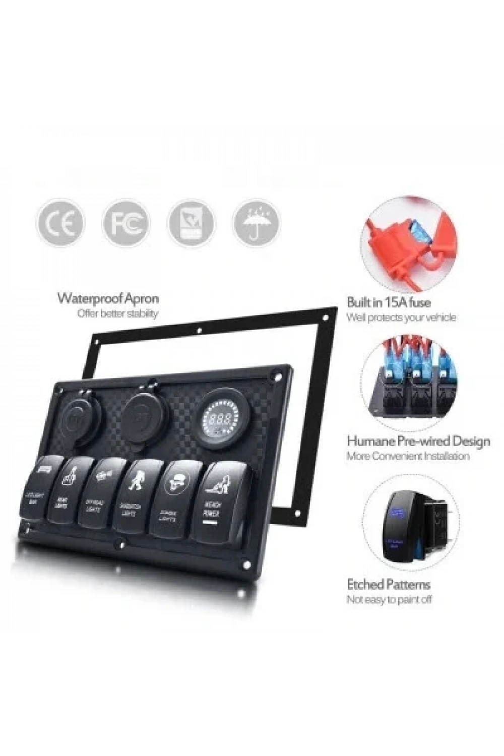 6lı ON-OFF Mavi Işıklı Anahtar Switch Panel 2x5V USB Çakmaklık ve Voltaj Göstergeli