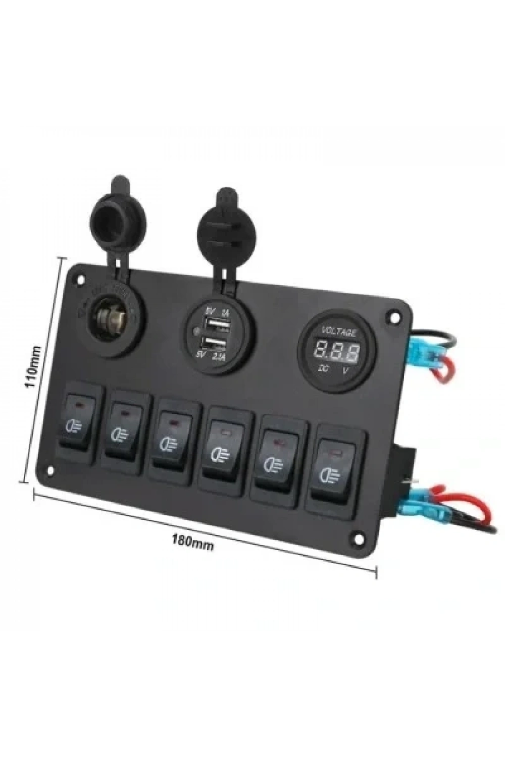 6lı ON-OFF Mavi Işıklı Anahtar Switch Panel 2x5V USB Çakmaklık ve Voltaj Göstergeli