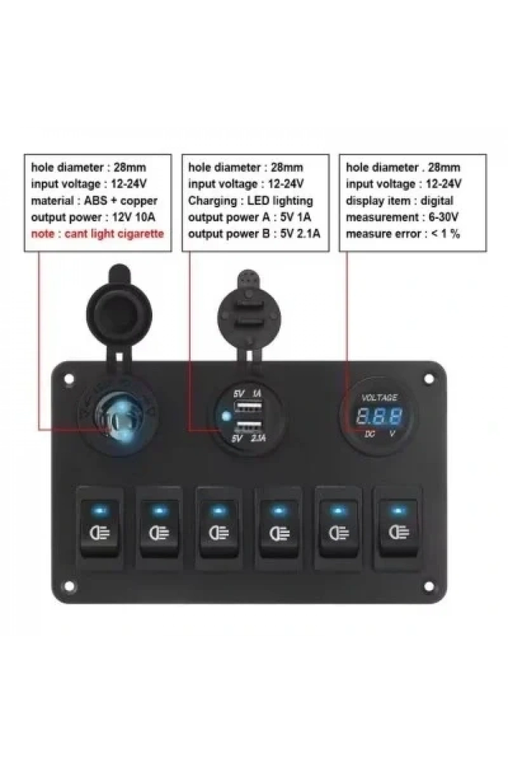 6lı ON-OFF Mavi Işıklı Anahtar Switch Panel 2x5V USB Çakmaklık ve Voltaj Göstergeli