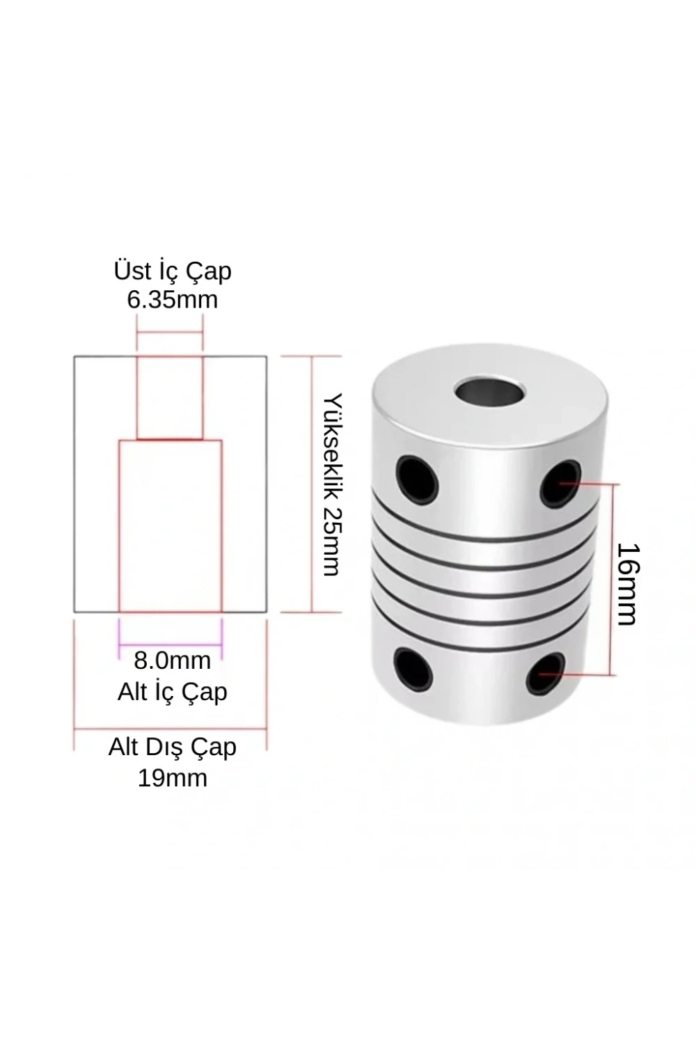 6.35x8mm Esnek Kaplin Alüminyum 3D Yazıcı CNC Uyumlu