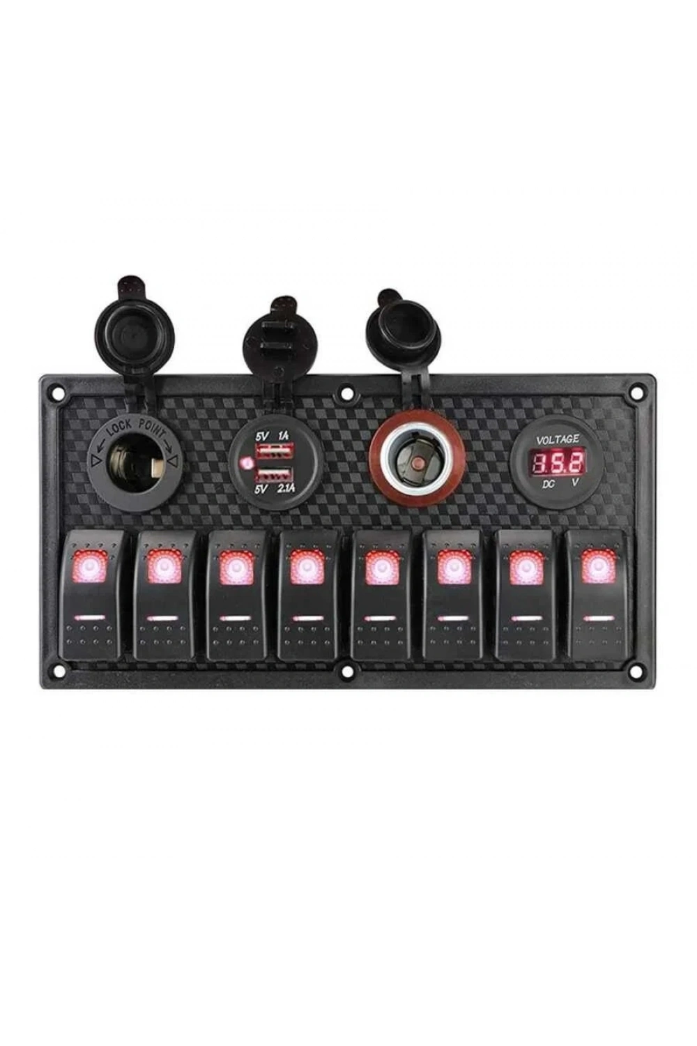 8li ON-OFF Kırmızı Işıklı Anahtar Panel 2x5V USB 2xÇakmaklık ve Voltaj Göstergeli
