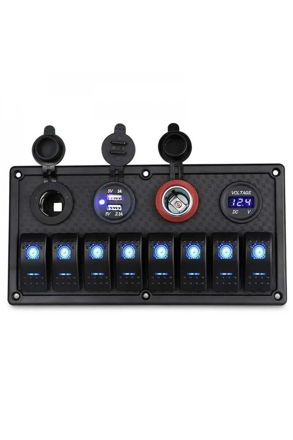 8li ON-OFF Mavi Işıklı Anahtar Panel 2x5V USB 2xÇakmaklık ve Voltaj Göstergeli