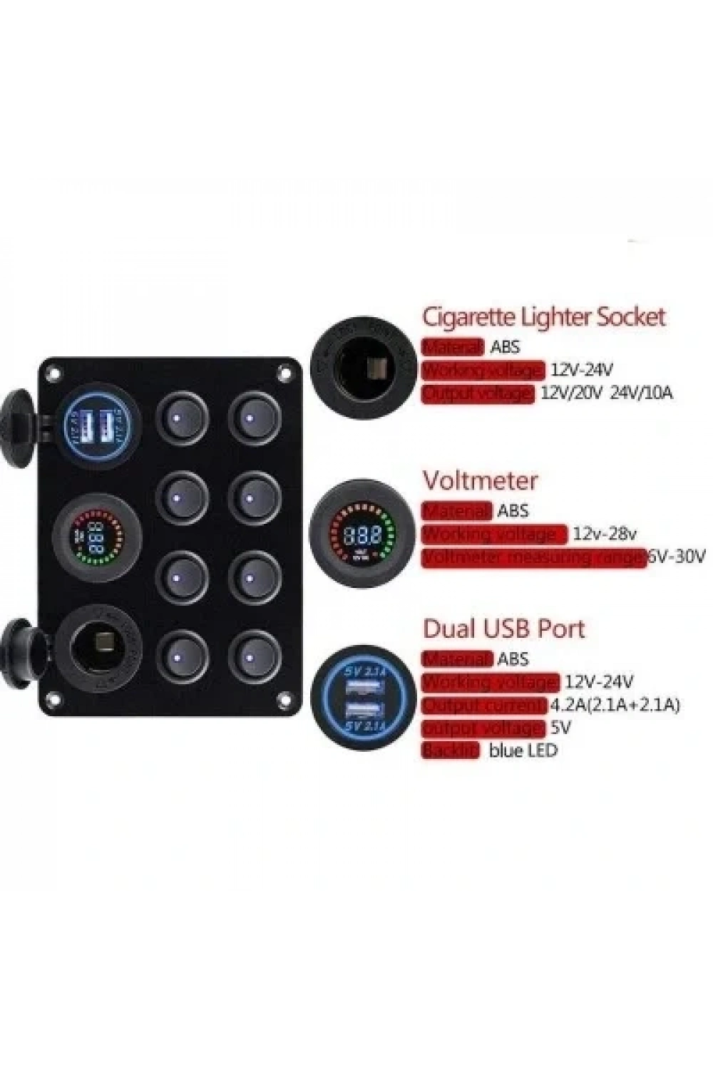 8li ON-OFF Mavi Nokta Işıklı Anahtar Switch Panel 2x5V USB Çakmaklık ve Voltaj Göstergeli