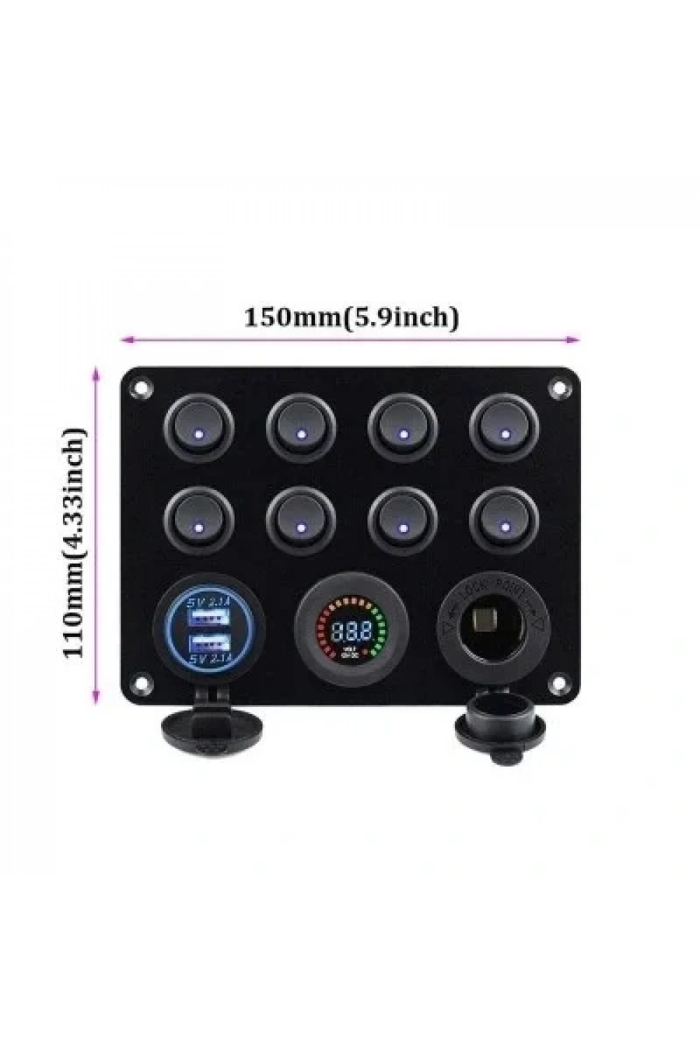 8li ON-OFF Mavi Nokta Işıklı Anahtar Switch Panel 2x5V USB Çakmaklık ve Voltaj Göstergeli