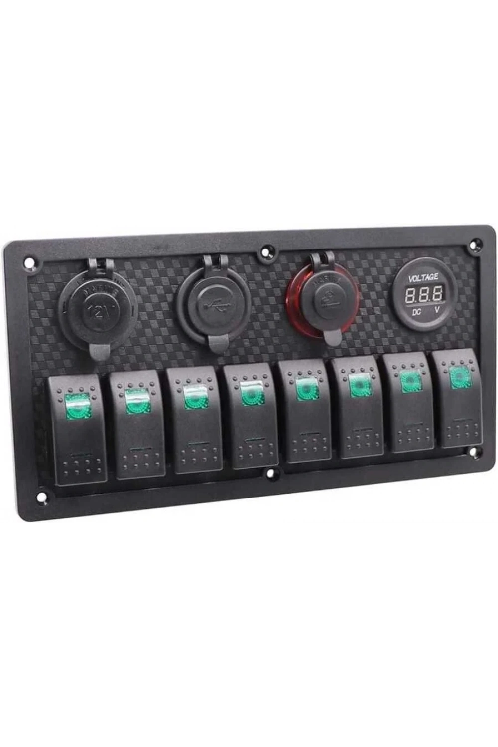 8li ON-OFF Yeşil Işıklı Anahtar Panel 2x5V USB 2xÇakmaklık ve Voltaj Göstergeli