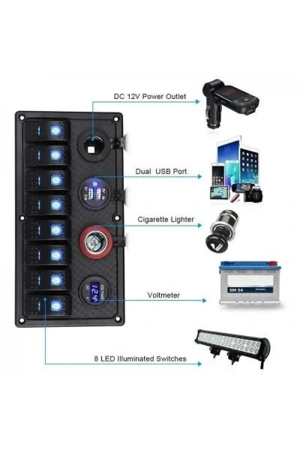 8li ON-OFF Yeşil Işıklı Anahtar Panel 2x5V USB 2xÇakmaklık ve Voltaj Göstergeli
