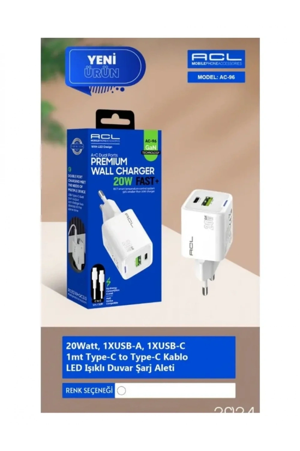 AC-96 20 Watt 1xUSB-A 1xUSB-C 1mt Type-C to Type-C Kablo Duvar Şarj Aleti
