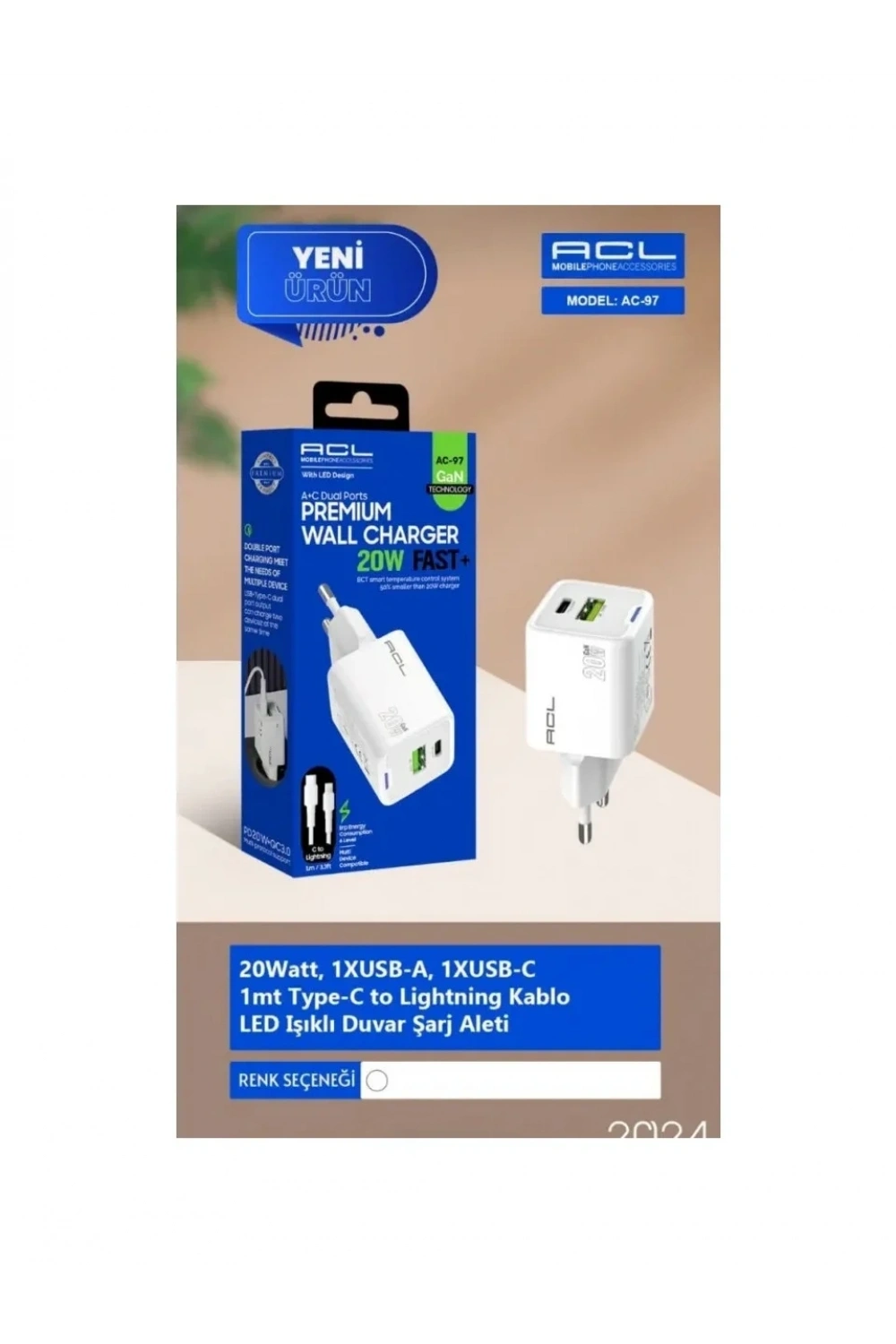 AC-97 20 Watt 1xUSB-A 1xUSB-C 1mt Type-C to Lightning Kablo Duvar Şarj Aleti