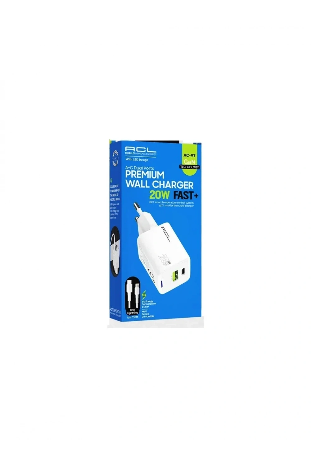 AC-97 20 Watt 1xUSB-A 1xUSB-C 1mt Type-C to Lightning Kablo Duvar Şarj Aleti