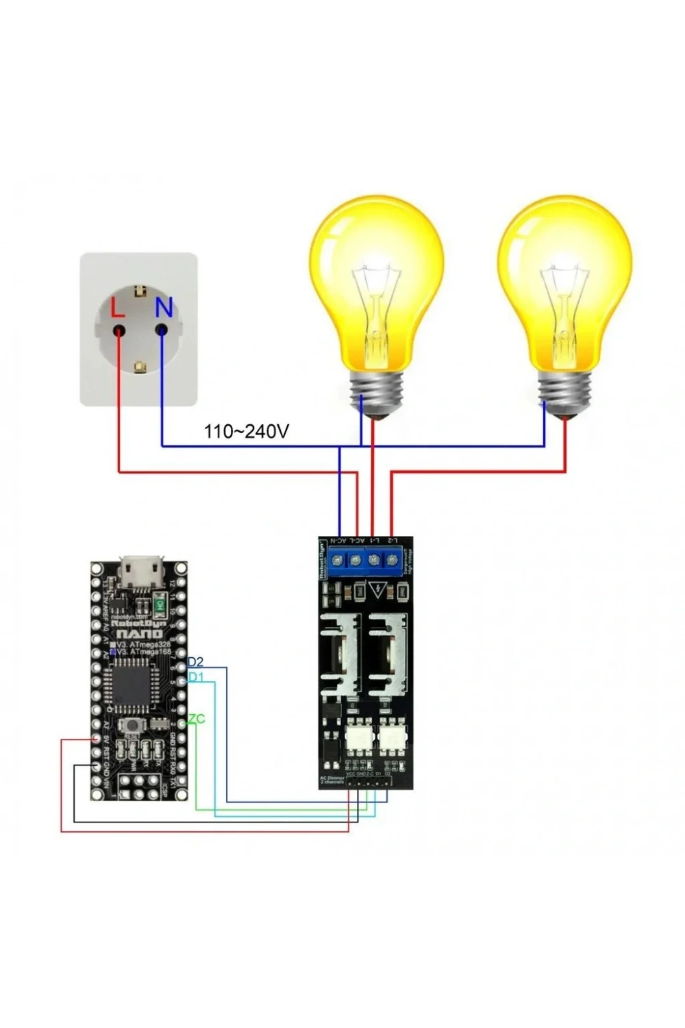 AC Voltaj Ayarlayıcı Dimmer Modülü 110-400V 2 Kanal