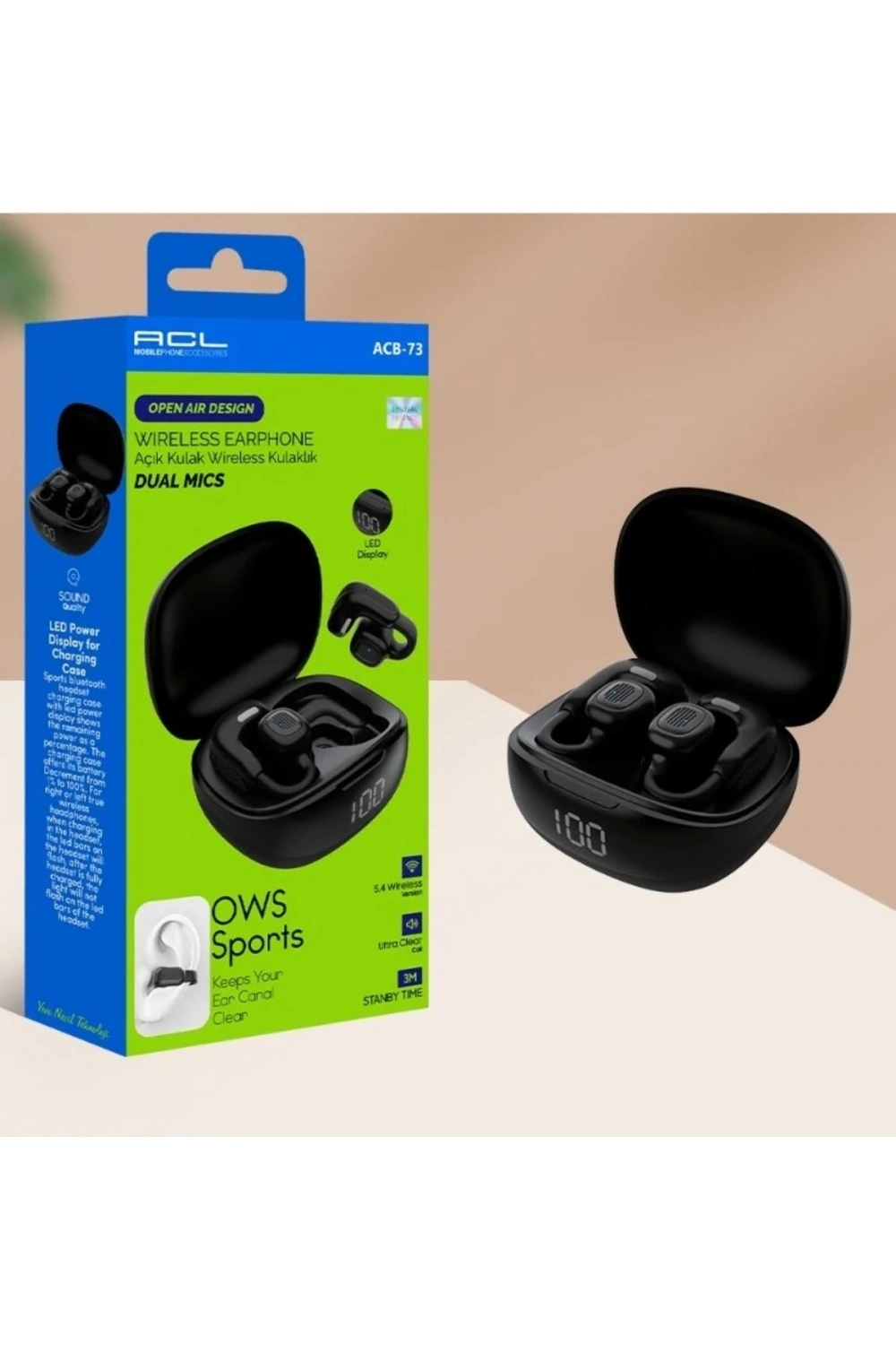 ACB-73 LED Göstergeli Çift Mikrofonlu Açık Kulak Kablosuz Bluetooth Kulaklık
