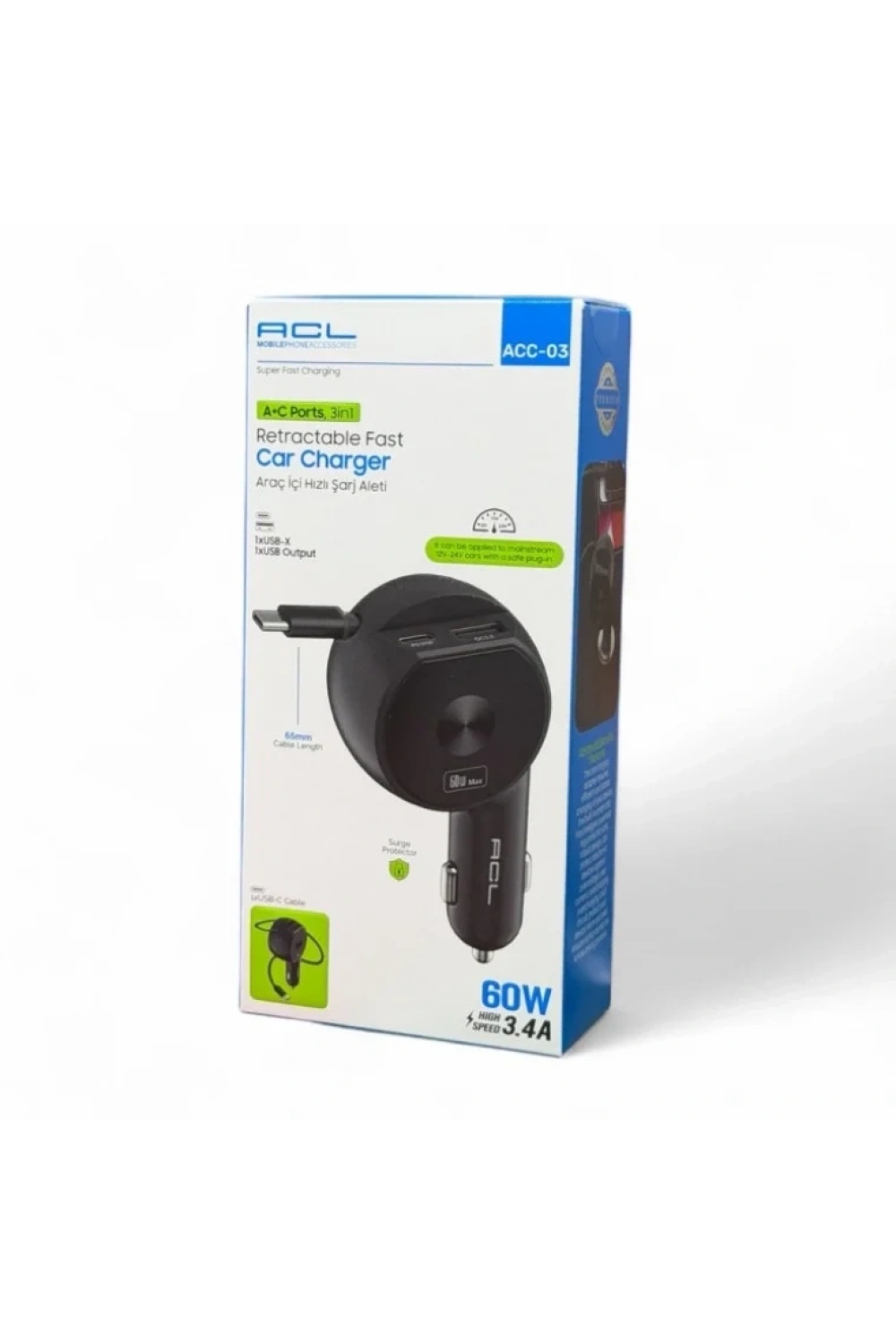 ACC-03 60W 3.4A Kablolu USB-A + USB-C Çift Çıkışlı Araç İçi Şarj
