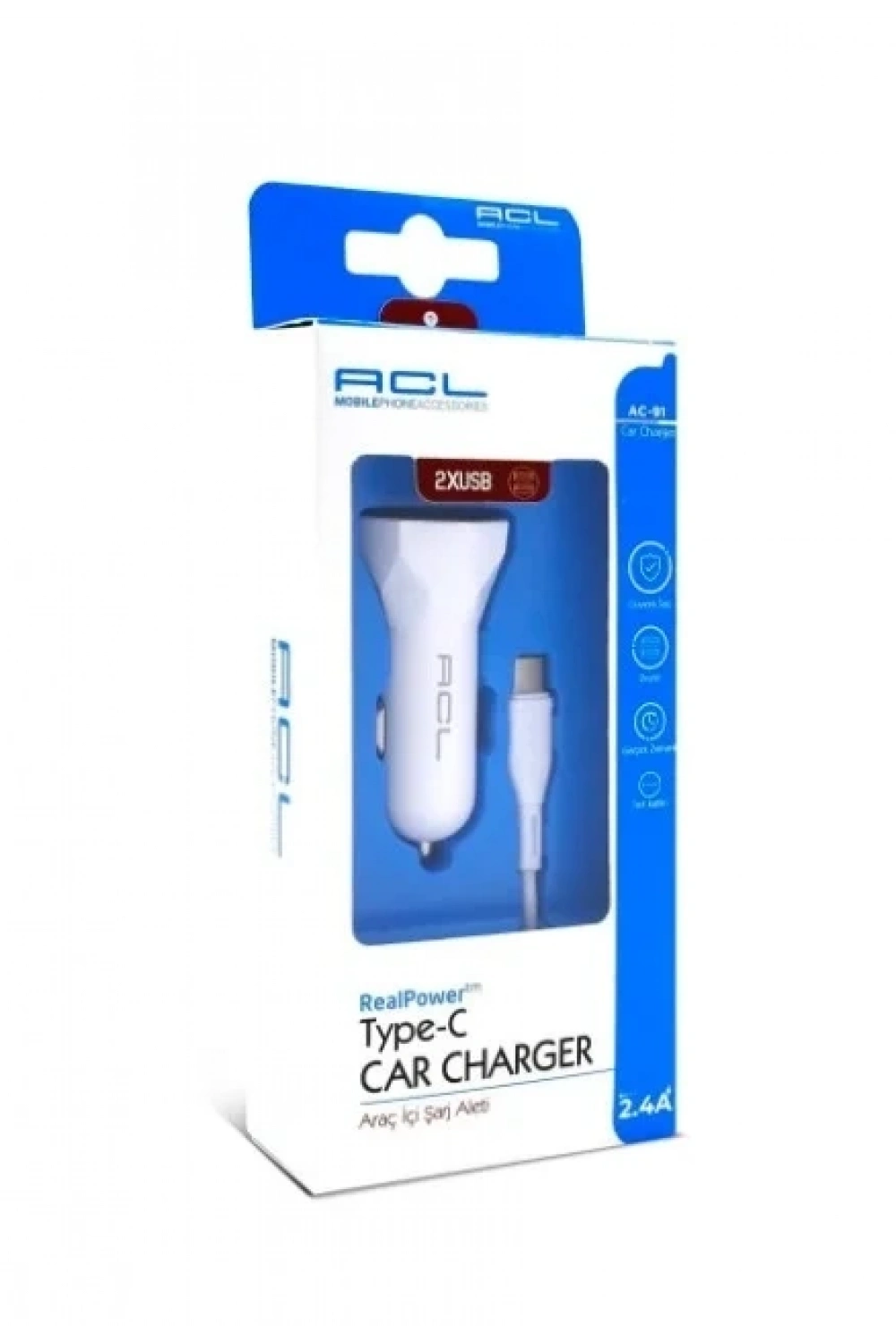 ACL AC-91 2.4A 10W 2xUSB 1mt Type-C Kablolu Araç İçi Şarj Aleti