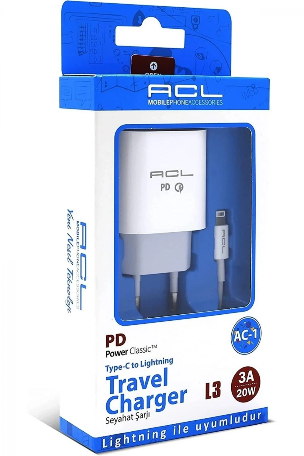 ACL L3 PD 3.4A 25 Watt 1xUSB-C 1mt Lightning Kablo Şarj Aleti