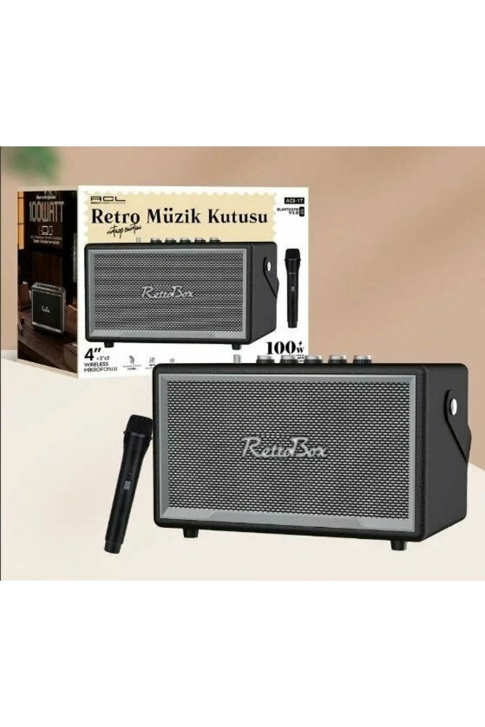 ACS-17 100W Gücünde 4+2x2 İnç Mikrofonlu Retro Müzik Kutusu Bluetooth