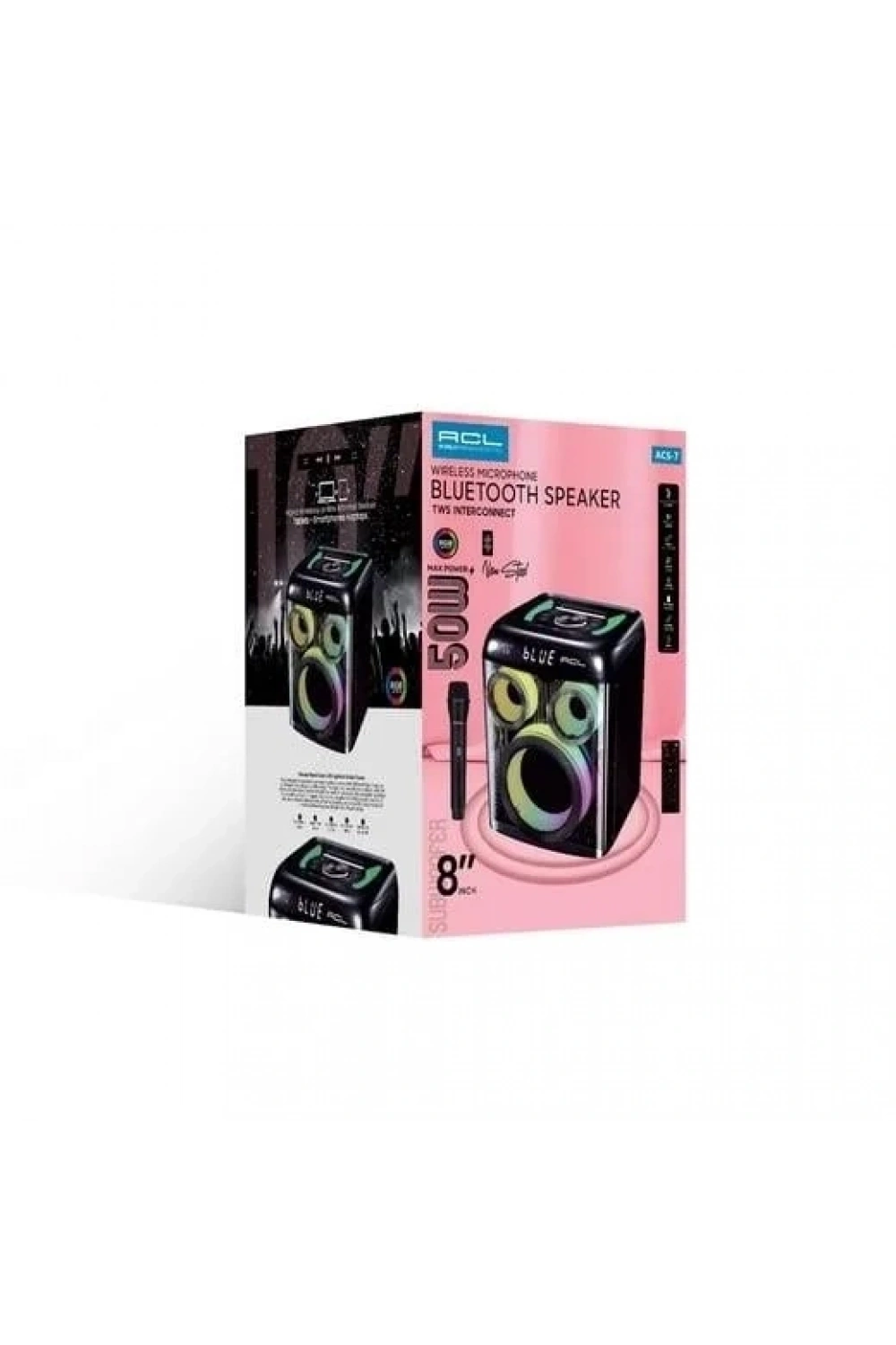 ACS-7 50W Gücünde 8inch Hoparlörlü Mikrofonlu RGB Işıklı Bluetooth Hoparlör