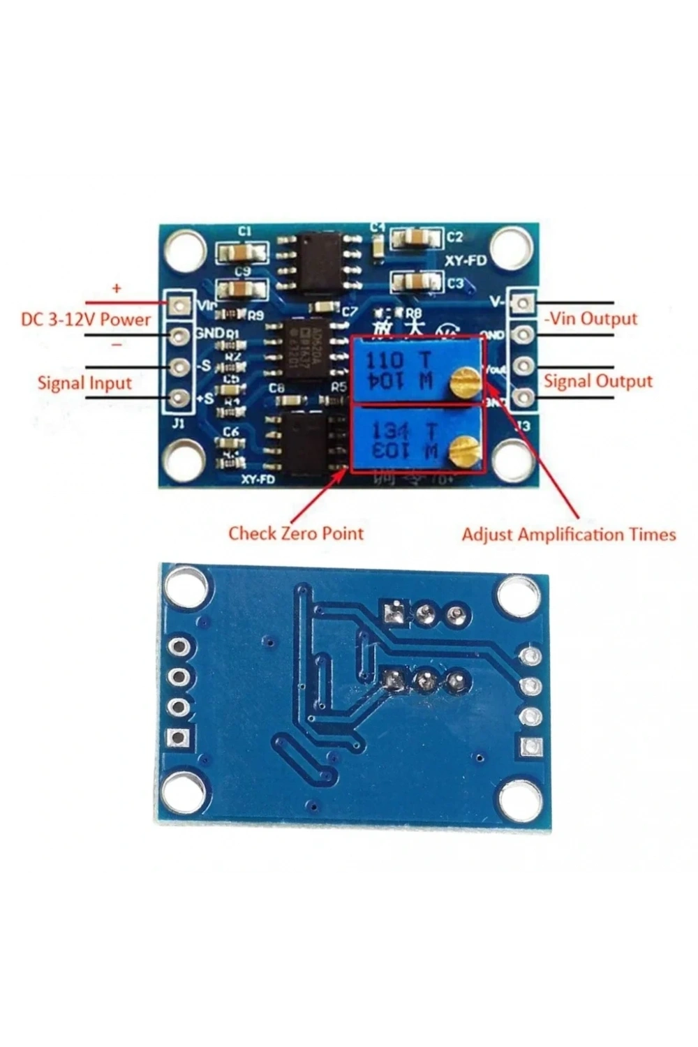 AD620 Yüksek Hassasiyetli Mikrovolt Sinyal Kuvvetlendirici Modül DC 12V