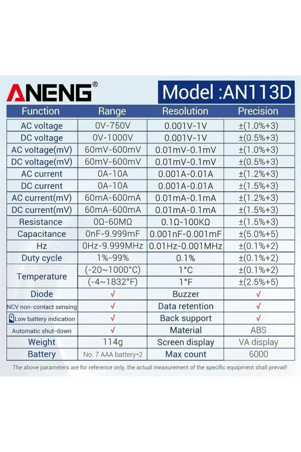 ANENG AN113D Dijital Multimetre Akıllı Otomatik