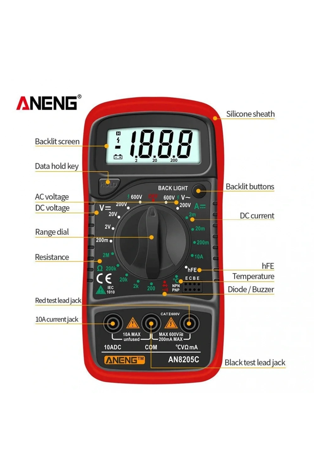Aneng AN8205C Dijital Multimetre (Kırmızı)