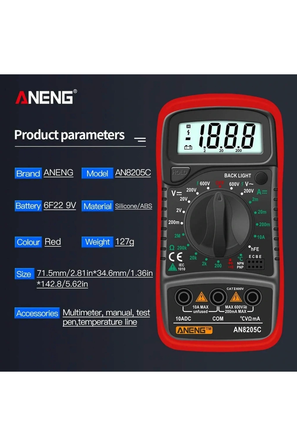 Aneng AN8205C Dijital Multimetre (Kırmızı)