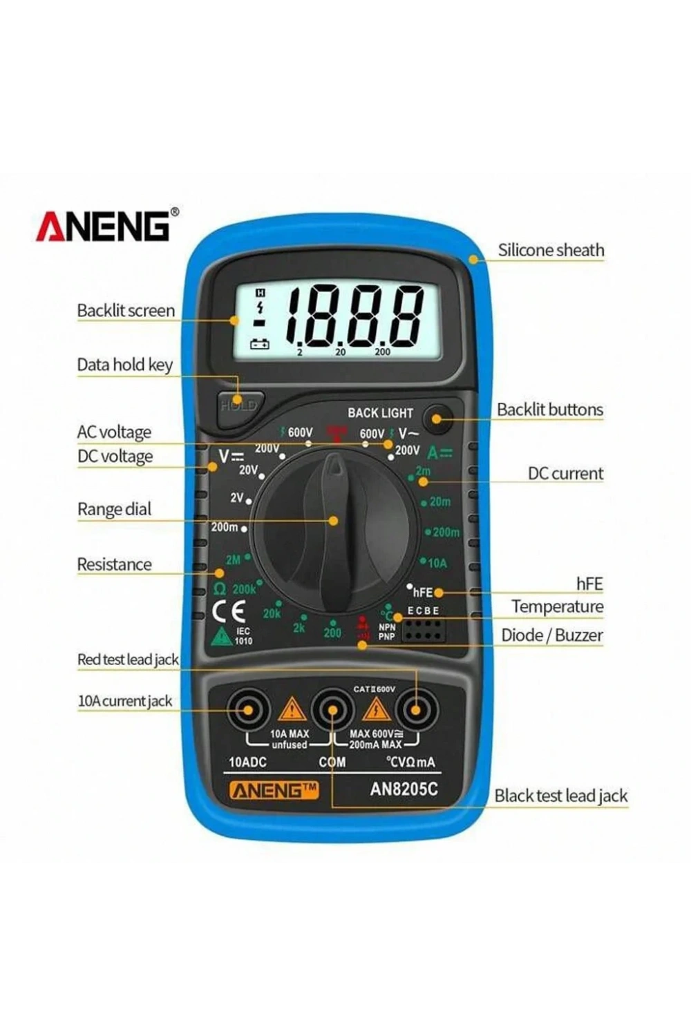 Aneng AN8205C Dijital Multimetre (Mavi)