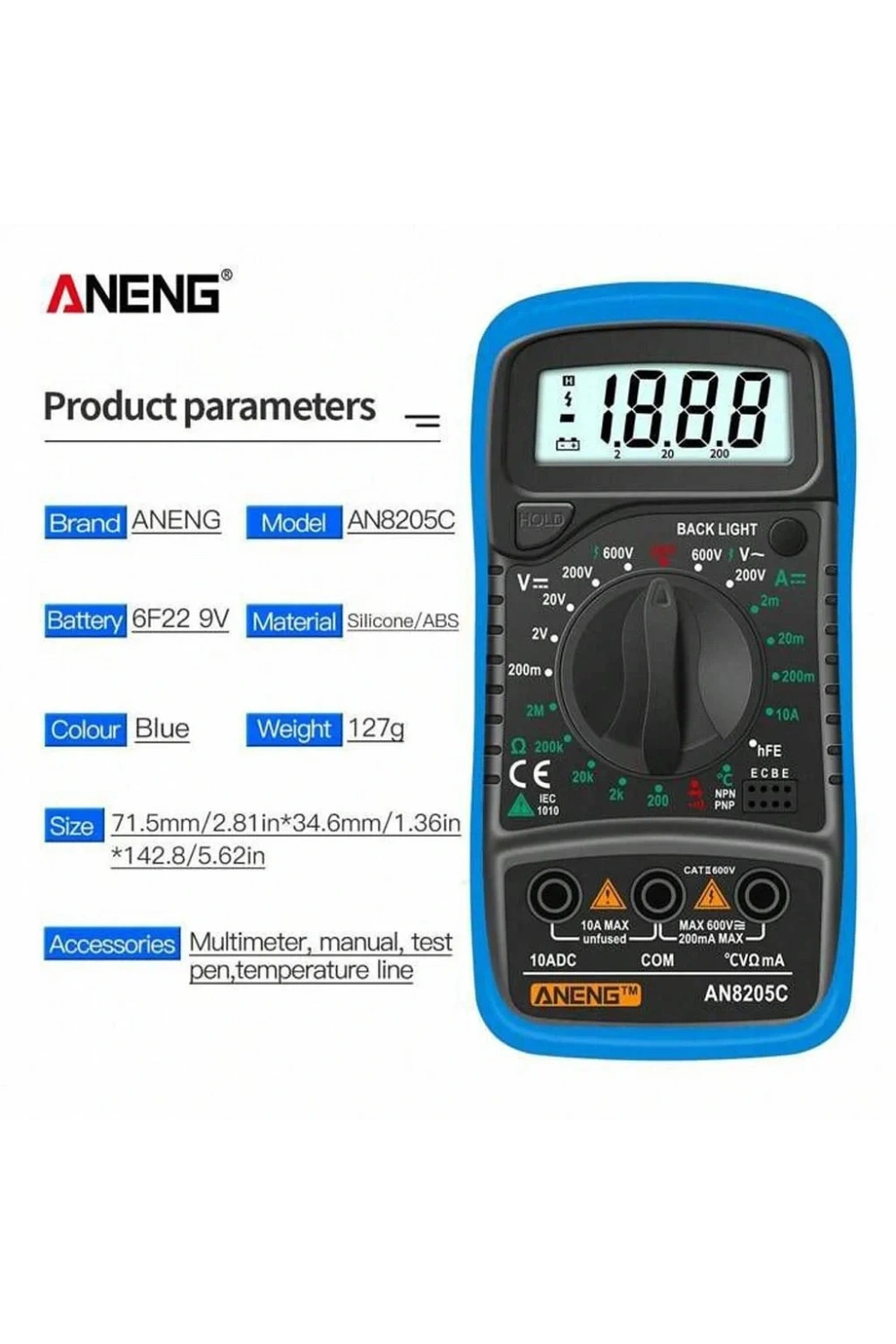 Aneng AN8205C Dijital Multimetre (Mavi)