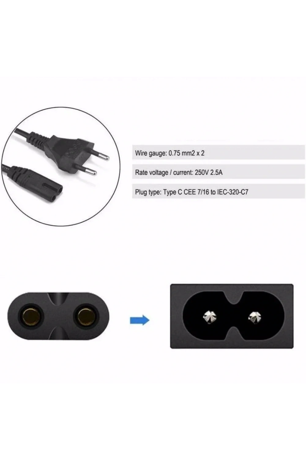 C7 2 Pin Teyp Yazıcı Power Fişi Güç Kablosu 1.5m