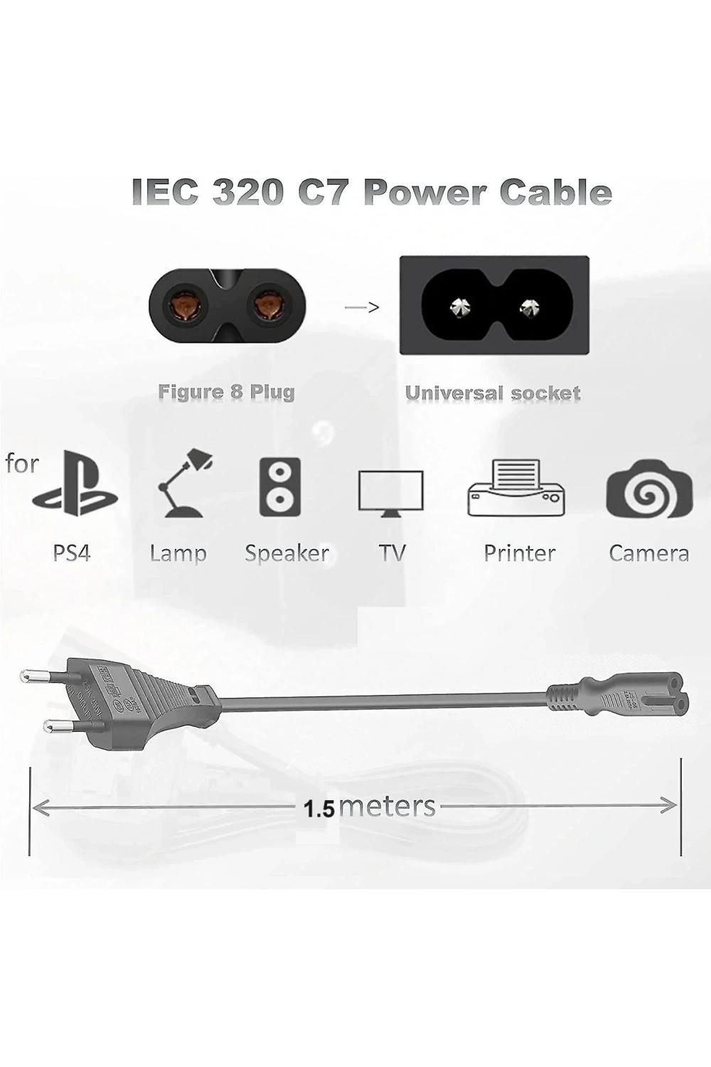 C7 2 Pin Teyp Yazıcı Power Fişi Güç Kablosu 1.5m