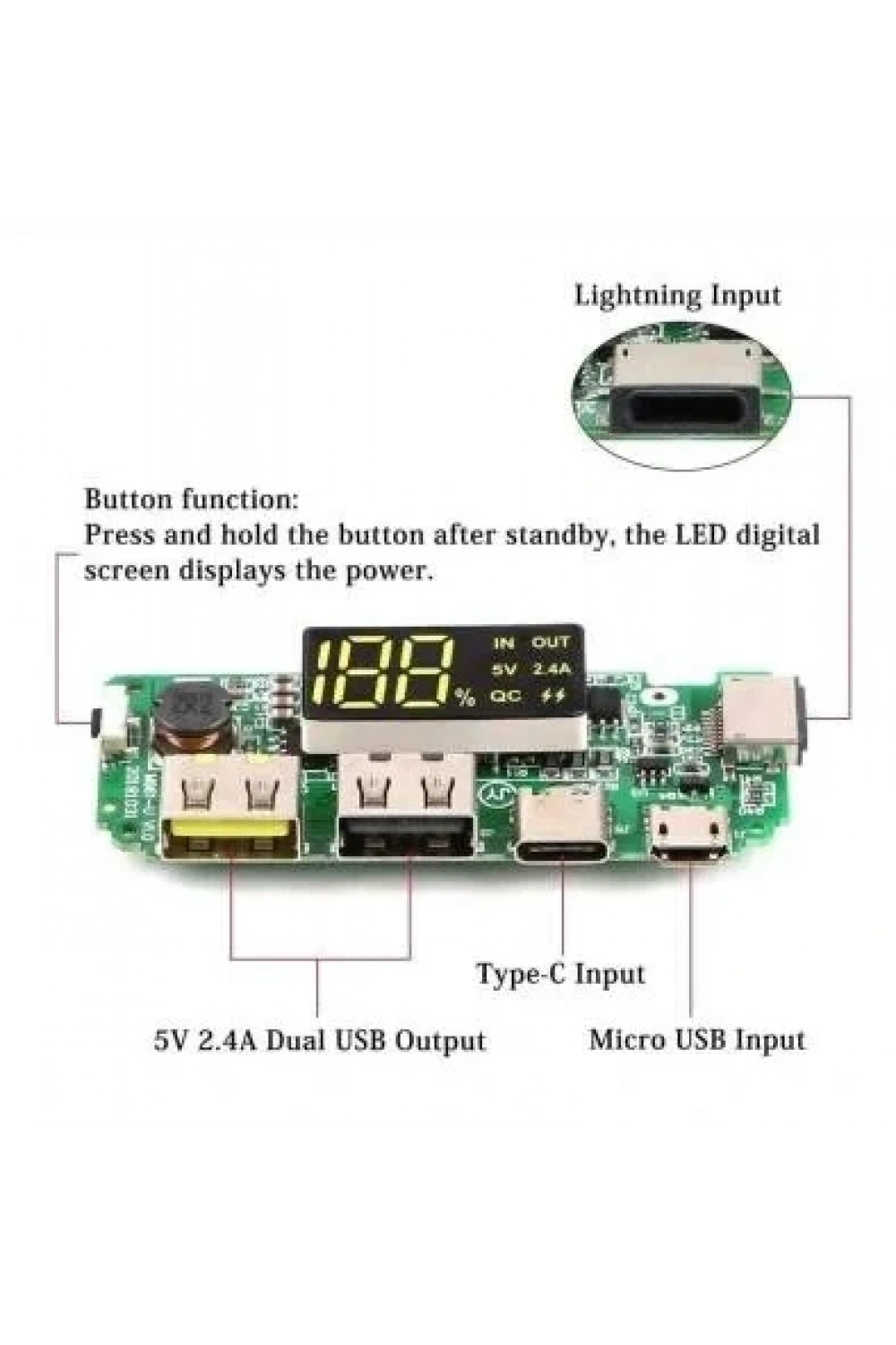 Çift USB 5V 2.4A Ledli Micro Type-C Powerbank Modülü
