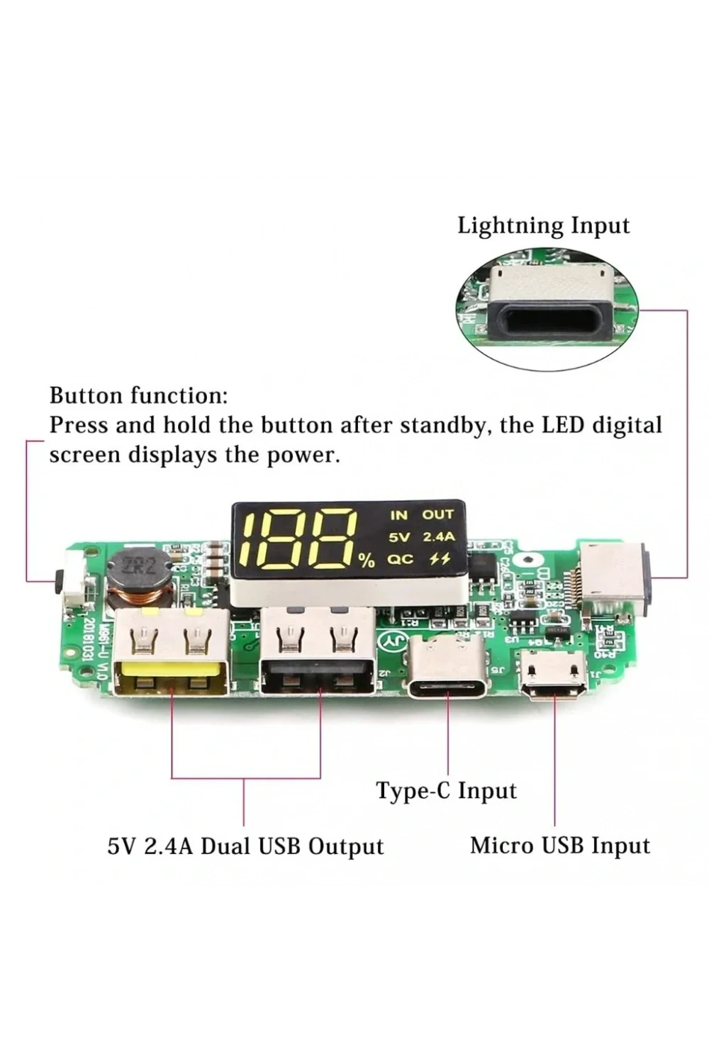Çift USB 5V 2.4A Ledli Micro Type-C Powerbank Modülü