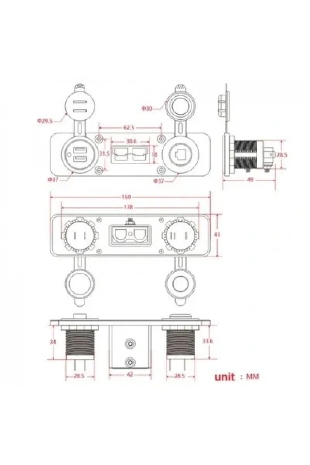 Dişi Araç Çakmaklık ve 2x5V USB Paneli - Anderson Power Soketli