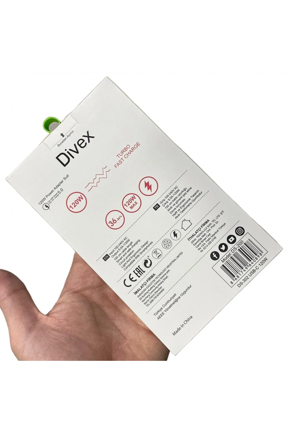 Divex 120W 3A USB Type-C Yüksek Hızlı Şarj Aleti DS-302