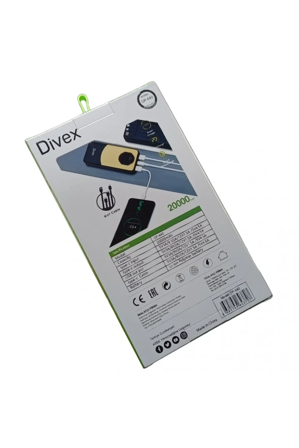 Divex 20000 mAh Powerbank 22.5W 4 Farklı Kablo Çıkışlı DP-440