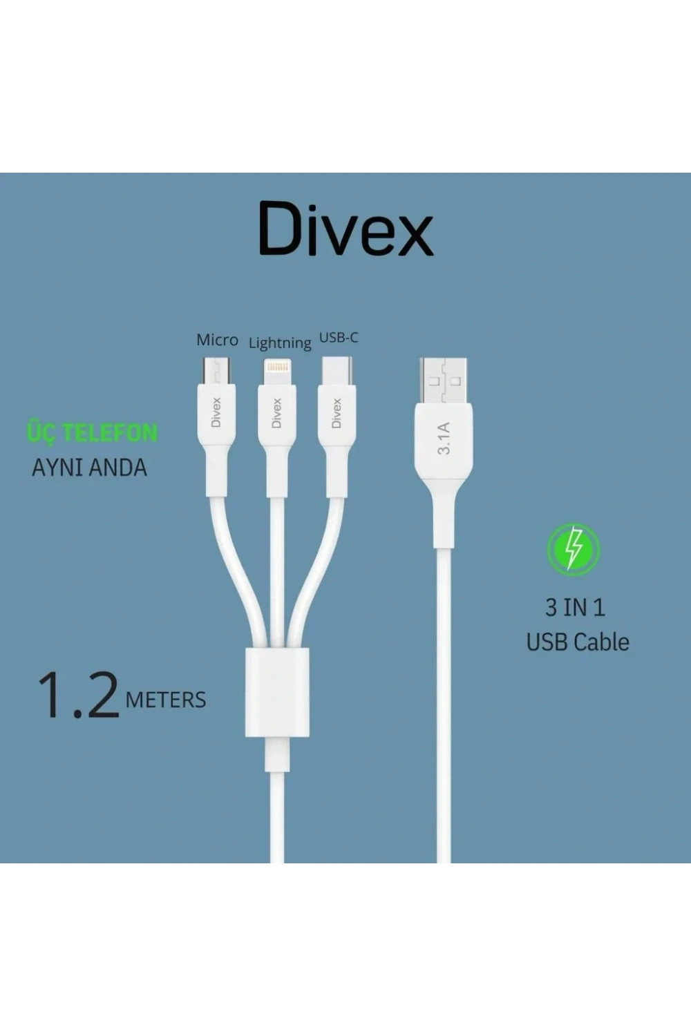 Divex 3.1A 3ü Bir Arada Hızlı Şarj Data Kablosu DC-113