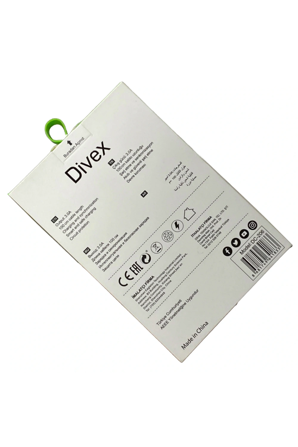 Divex 60W Yüksek Hızlı Type-C (USB-C) Şarj ve Data Kablosu DC-206
